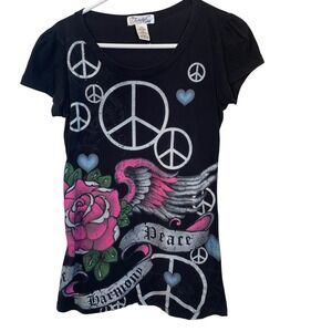 Y2K Twisted Courtesy Tattoo Graphic Tee Juniors 11/13 Glitter Black Pink Grunge